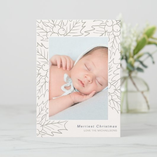 ホリーとベリーのクリームとセージ写真のクリスマス シーズンカード (スタンド正面)