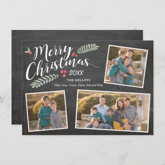 ホリーとベリーのメリークリスマス3枚の写真 シーズンカード (正面/裏面)