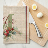 ホリーとベリーのリネンのパーソナライズされた外観 キッチンタオル (四つ折り)