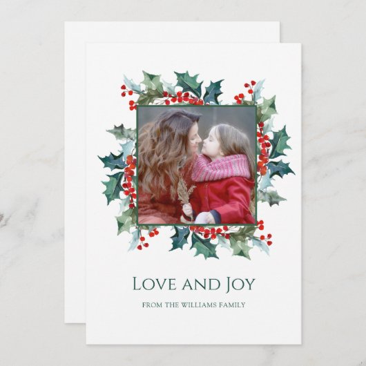 ホリーとベリーの休日の写真グリーティングカード シーズンカード (正面/裏面)