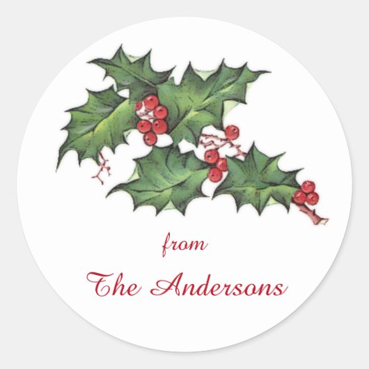 ホリーとベリー |クリスマスホリデーギフトラベル ラウンドシール (正面)