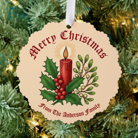 ホリーとミストレトゥ付きクリスマスキャンドル オーナメントカード (インサイチュ (木))