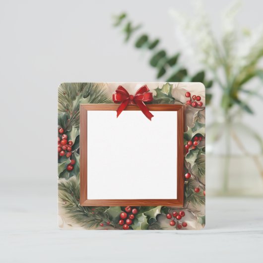 ホリーとモミのフォトフレームのクリスマスカード シーズンカード (スタンド正面)