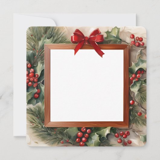 ホリーとモミのフォトフレームのクリスマスカード シーズンカード (正面)