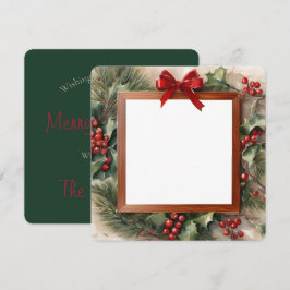 ホリーとモミのフォトフレームのクリスマスカード シーズンカード