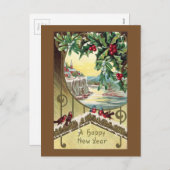 ホリーとヤドリギの下の鳥のヴィンテージ新年 シーズンポストカード (正面/裏面)
