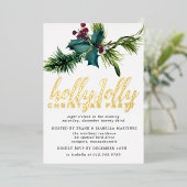 ホリーとレッドベリークリスマスパーティー金ゴールド 箔招待状 (立ち正面)