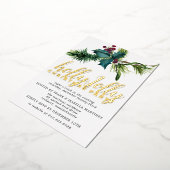 ホリーとレッドベリークリスマスパーティー金ゴールド 箔招待状 (回転した状態)