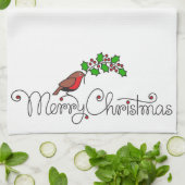 ホリーと一緒に楽しいクリスマスロビンを描いたハンドドロー キッチンタオル (折り畳み)