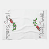 ホリーと一緒に楽しいクリスマスロビンを描いたハンドドロー キッチンタオル (横)