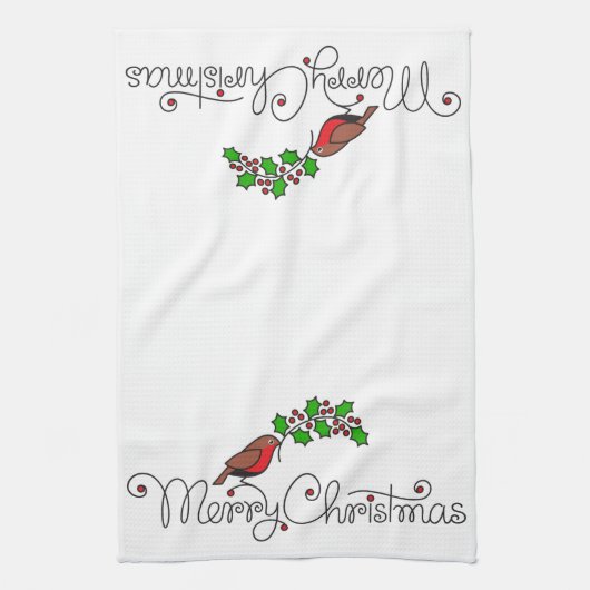 ホリーと一緒に楽しいクリスマスロビンを描いたハンドドロー キッチンタオル (縦)