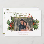 ホリーと写真付きのクリスマスジョイスクリプト シーズンカード (正面/裏面)
