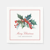 ホリーと果実と家族の名前クリスマス スタンダードカクテルナプキン (正面)