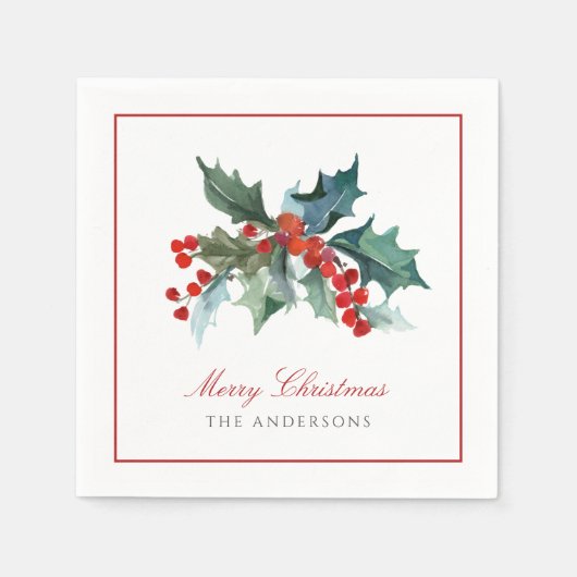 ホリーと果実と家族の名前クリスマス スタンダードカクテルナプキン (正面)