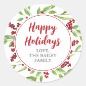 ホリーと水の色の緑のホリデースティッカー ラウンドシール (正面)