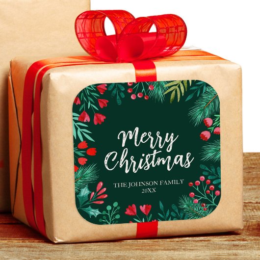 ホリーと水彩クリスマスウィンターリース スクエアシール