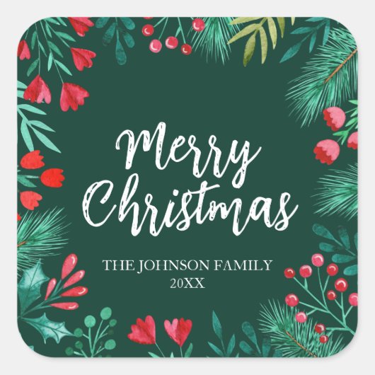 ホリーと水彩クリスマスウィンターリース スクエアシール (正面)