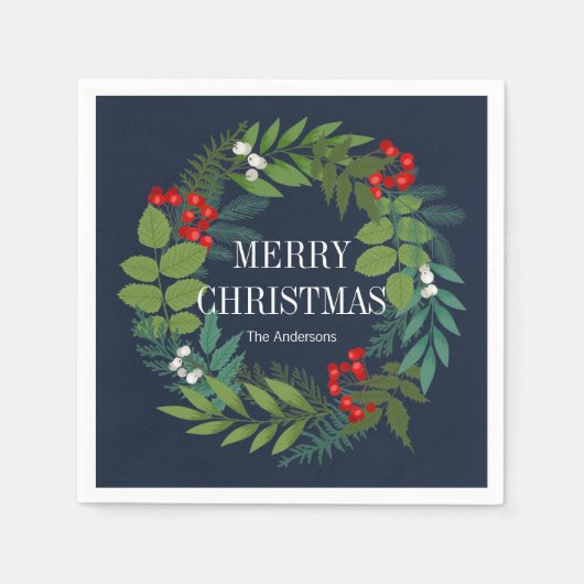 ホリーと緑のメリークリスマスホリデー スタンダードカクテルナプキン (正面)