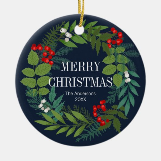 ホリーと緑のメリークリスマスホリデー セラミックオーナメント (正面)