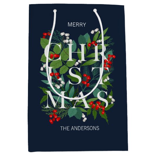ホリーと緑のメリークリスマスホリデー ミディアムペーパーバッグ (正面)