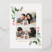 ホリーと緑2枚の写真メリークリスマス 箔シーズンカード (正面)