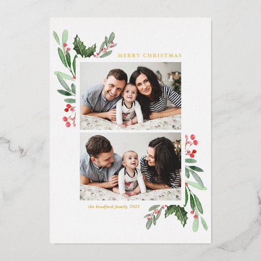ホリーと緑2枚の写真メリークリスマス 箔シーズンカード (正面)