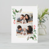 ホリーと緑2枚の写真メリークリスマス 箔シーズンカード (立ち正面)