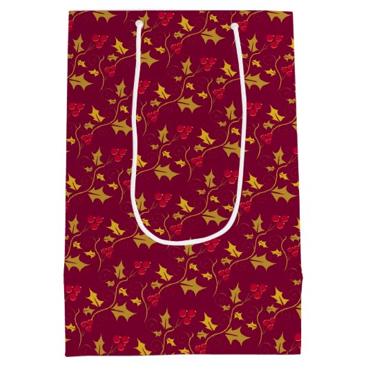 ホリーと赤い果実の葉のパターンカスタム赤 ミディアムペーパーバッグ (裏面)