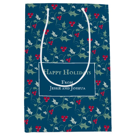 ホリーと赤い果実の葉のパターンカスタム ミディアムペーパーバッグ (正面)