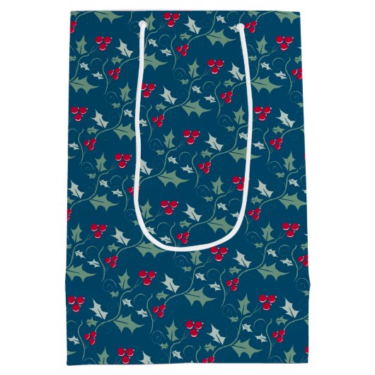 ホリーと赤い果実の葉のパターンカスタム ミディアムペーパーバッグ (裏面)