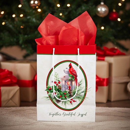 ホリーと（鳥）ショウジョウコウカンチョウクリスマスの素敵なランタン ミディアムペーパーバッグ