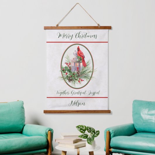 ホリーと(鳥)ショウジョウコウカンチョウクリスマスの素敵なランタン 吊り下げ型タペストリー (リビング)