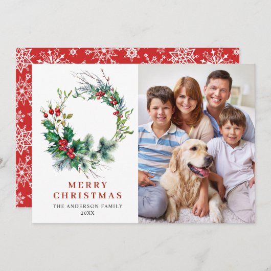 ホリーの実のリースのクリスマスグリーティング写真 シーズンカード (正面/裏面)