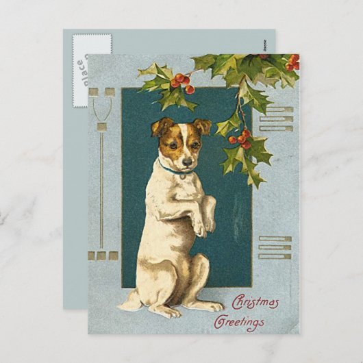 ホリーの枝の下の犬 – ビンテージのクリスマスカード シーズンポストカード (正面/裏面)