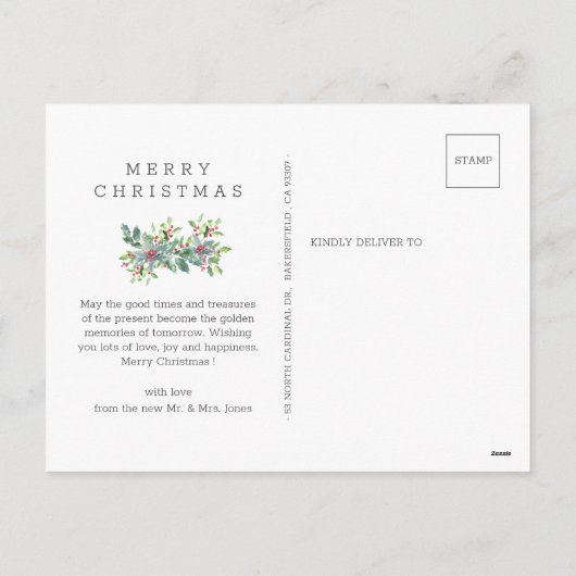 ホリーの背景が新たに結婚写真のクリスマス シーズンポストカード (裏面)