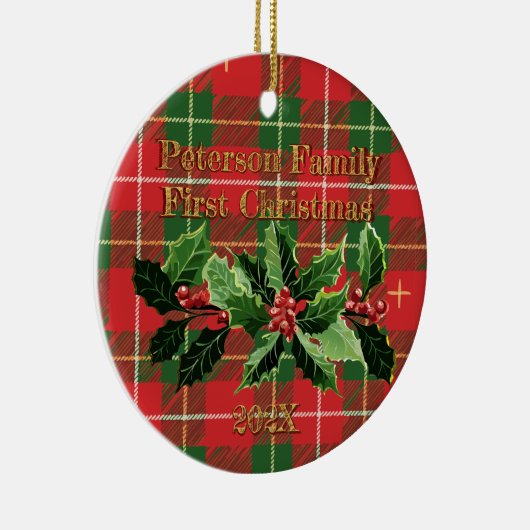 ホリーの赤い緑の格子模様 | ファミリ初めてのクリスマス セラミックオーナメント (右)
