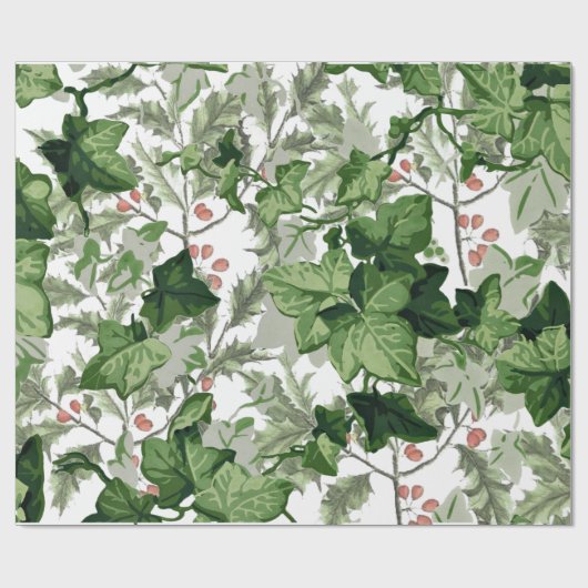 ホリーアイビーヴィンテージクリスマスグリーンリーリーフつる植物レッド ラッピングペーパー (フラット)