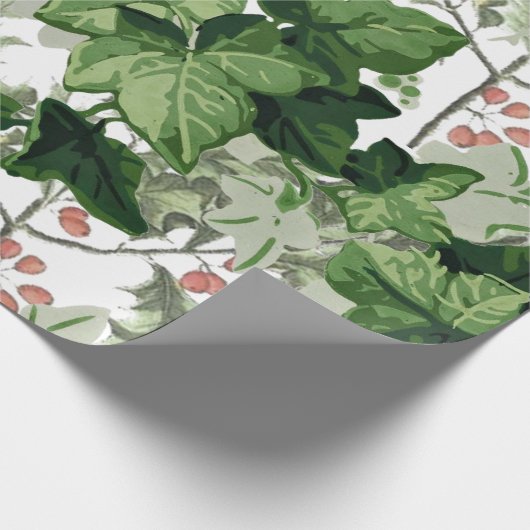 ホリーアイビーヴィンテージクリスマスグリーンリーリーフつる植物レッド ラッピングペーパー (角)