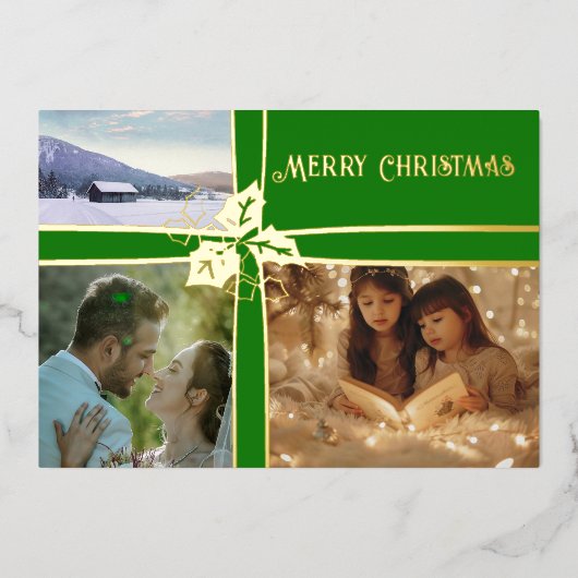 ホリーアンドアイビーグリーンリボンフォイルホリデーカード 箔シーズンカード (正面)