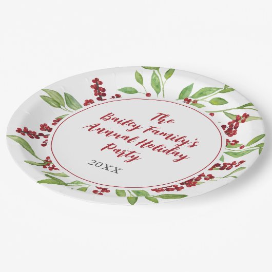 ホリーアンドウォーターカラーグリーナリーホリデイ紙プレート ペーパープレート (アングル)