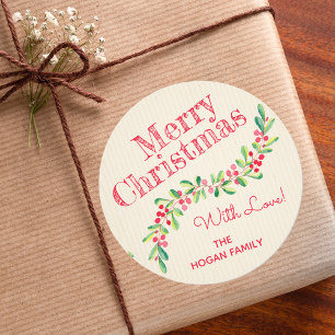 ホリーアンドベリーオンアイボリークリスマスホリデイ ラウンドシール