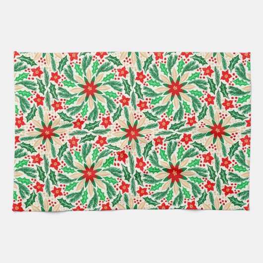 ホリーアンドポインセチア植物学的ホリデーパターン キッチンタオル (横)