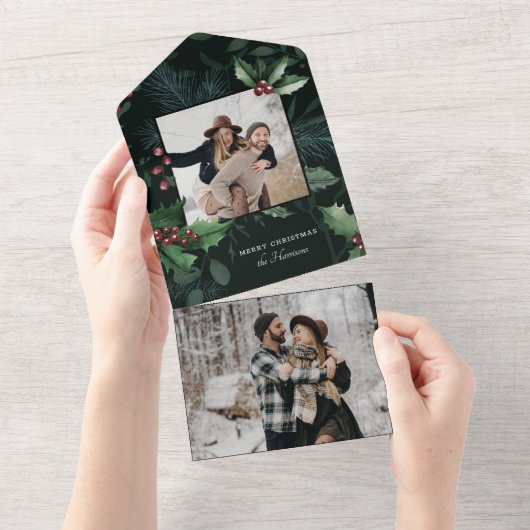 ホリーエレガントクリスマスダークグリーン植物写真 オールインワン招待状 (貼ってはがせる)