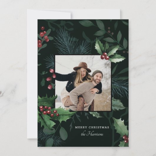 ホリーエレガントクリスマスダークグリーン植物写真 シーズンカード (正面)