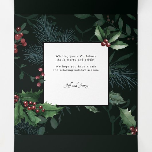 ホリーエレガントクリスマスダークグリーン植物写真 三つ折りクリスマスカード (内部中)