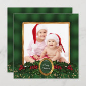 ホリーエレガントグリーン金ゴールドフォトクリスマスカード シーズンカード (正面/裏面)