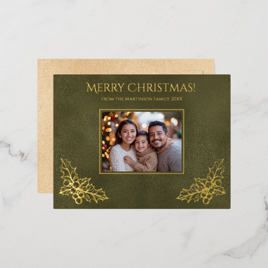 ホリーエレガントファミリーフォトグリーンフェイクレザー 箔シーズンポストカード (正面/裏面)