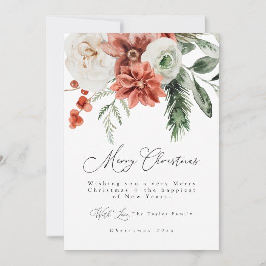 ホリーエレガントフローラグリーンリー写真クリスマスカード 招待状 (正面)