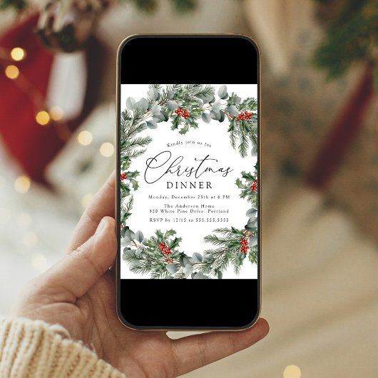 ホリーエレガントベリーとパインクリスマスディナー 招待状