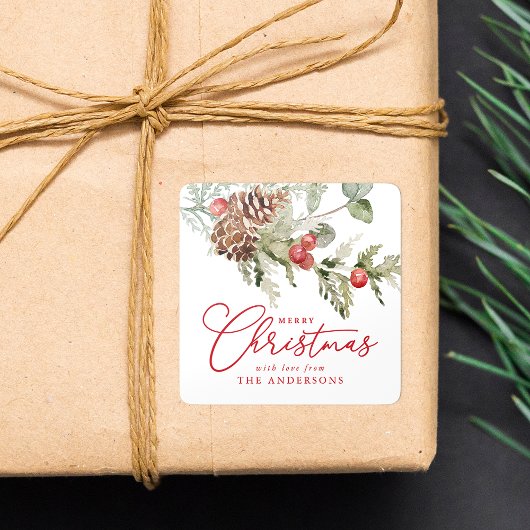 ホリーエレガントベリーとパインコーンのクリスマス スクエアシール
